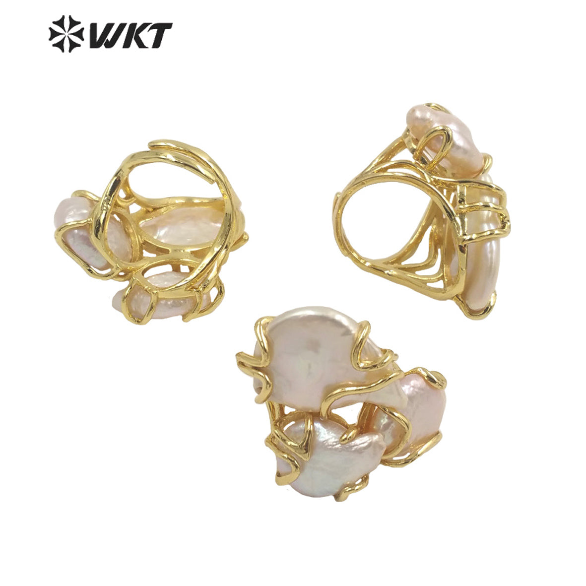 WT-MPR038 European Royal Style Triple Precious Freshwater Pearl Ring With Clawing Setting in 18k Real Gold Plated Women Ring