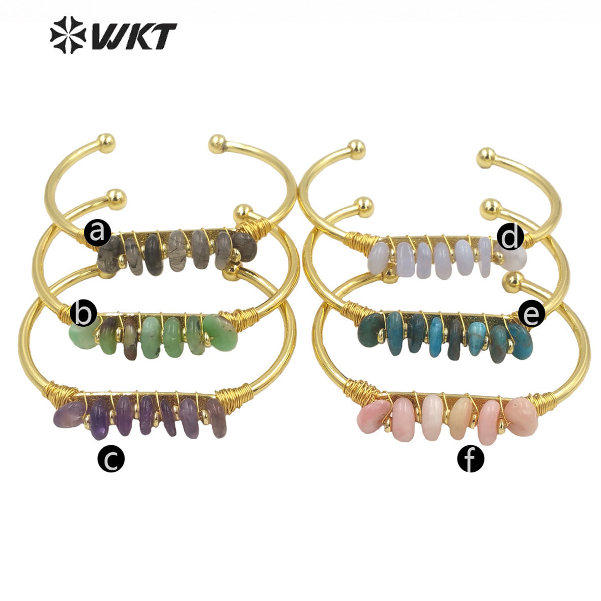 WT-B580 WKT Lovely Popular Gold Electroplated Open Size Cuff Bangle Women Bohemian Natural Gemstone Beads Wire Wrapped Bangle