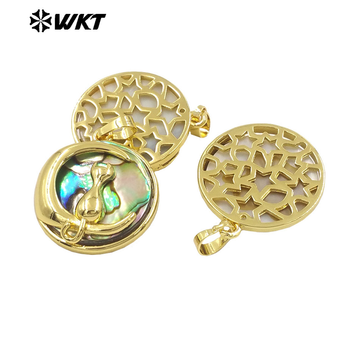 WT-JP440 Fashion High Quality Natural Abalone Shell Gold Plated Round Little Pendant For Women Vintage Style Jewelry Making