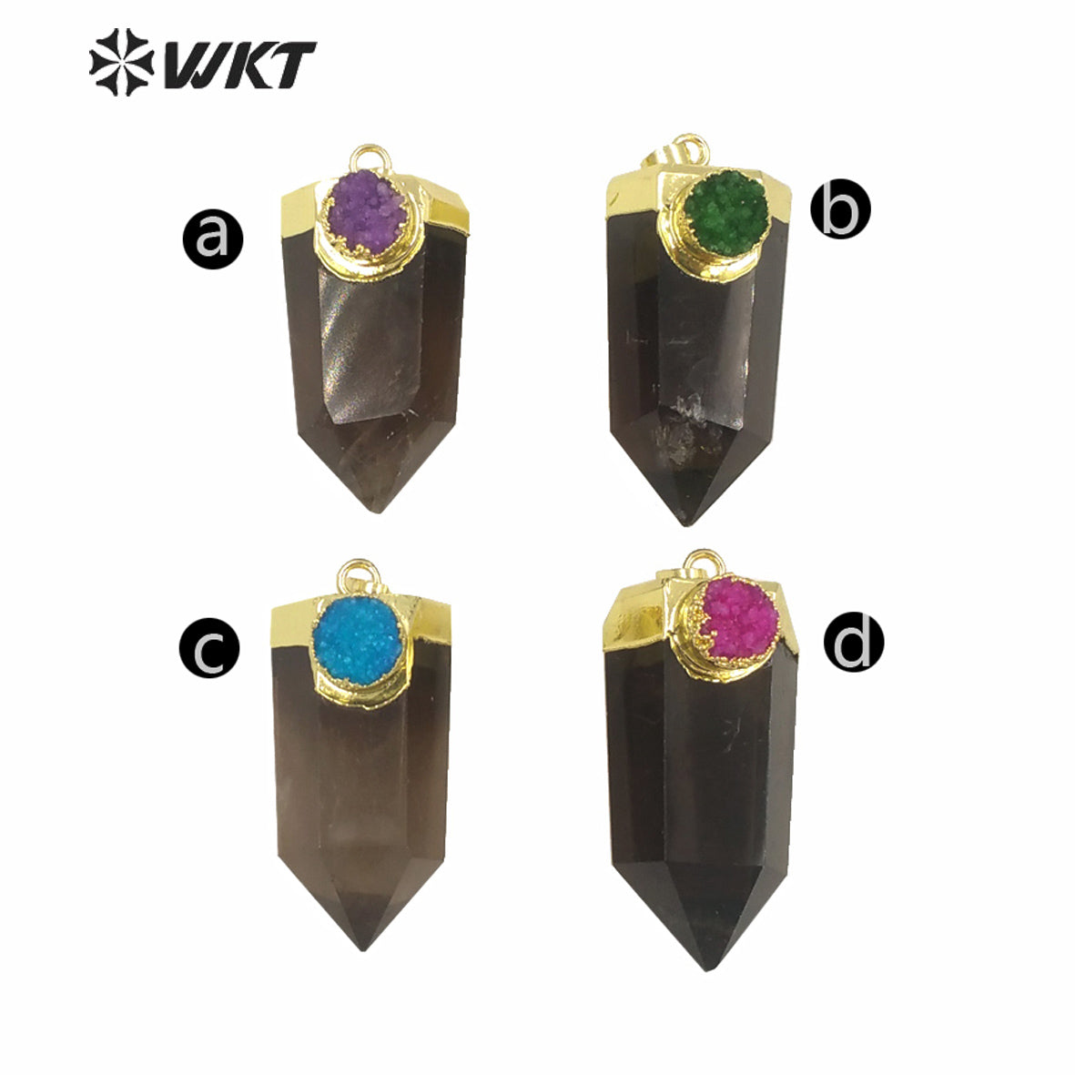 WT-P1607 Fashion Jewelry Gold Top Natural High Polish Smoky Quartz Point Pendant with Druzy Charm Women Popular Stone Spirit
