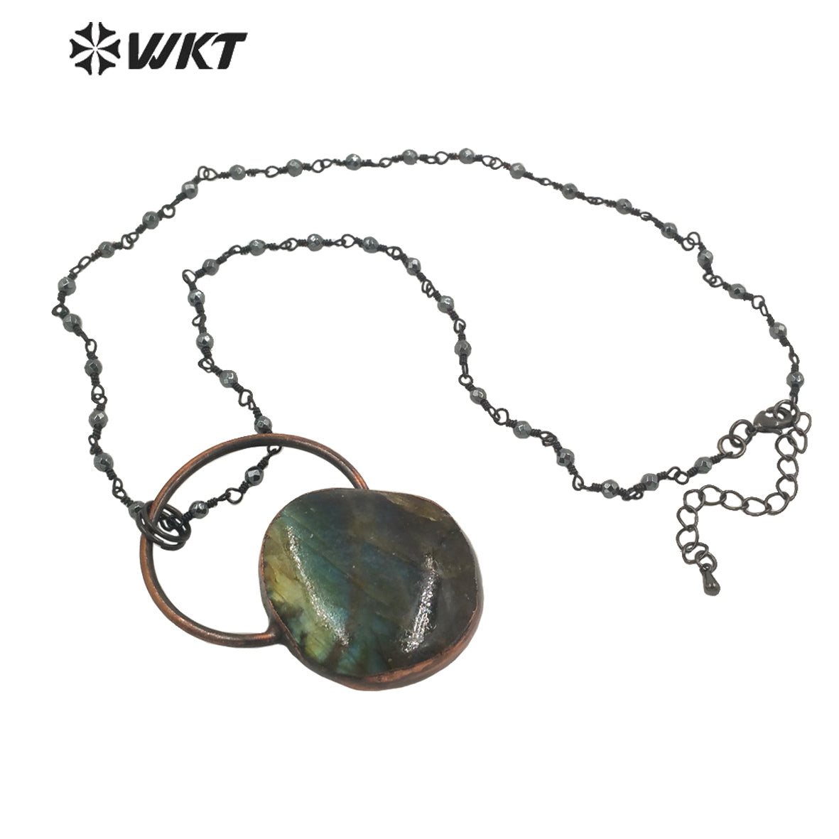 WT-N1334 WKT Vintage Shiny Antique Copper Water Drop Shape Natural Stone Labradorite with Copper Big Ring Jewelry Necklace