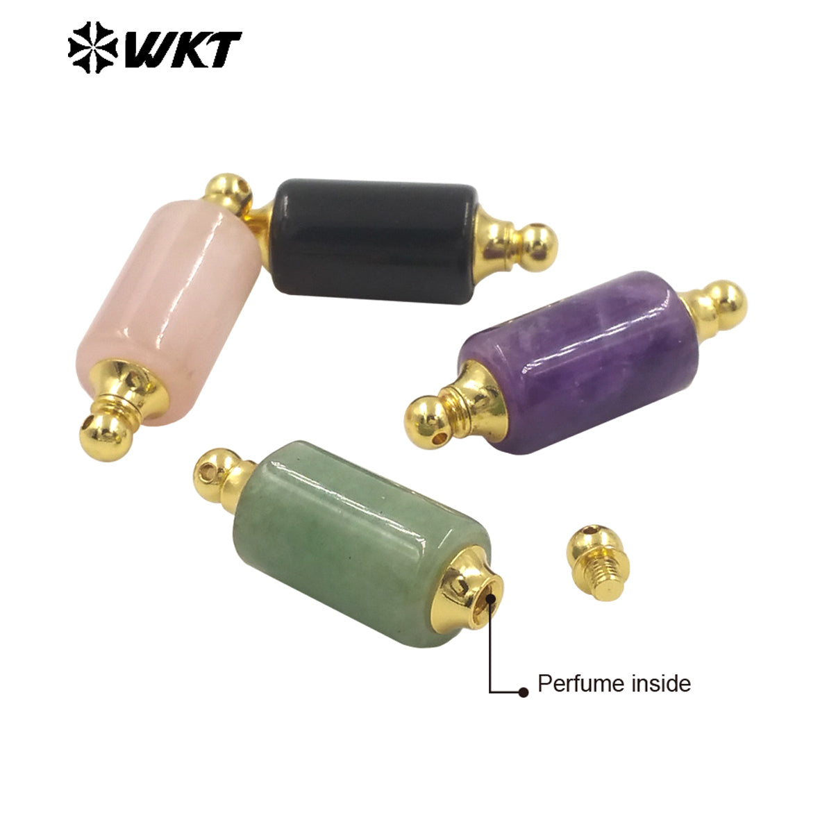 WT-P1981 Wholesale Newest Double Loops Round Cube Natural Rose Quartz Precious Stone Bottle Necklace Connector