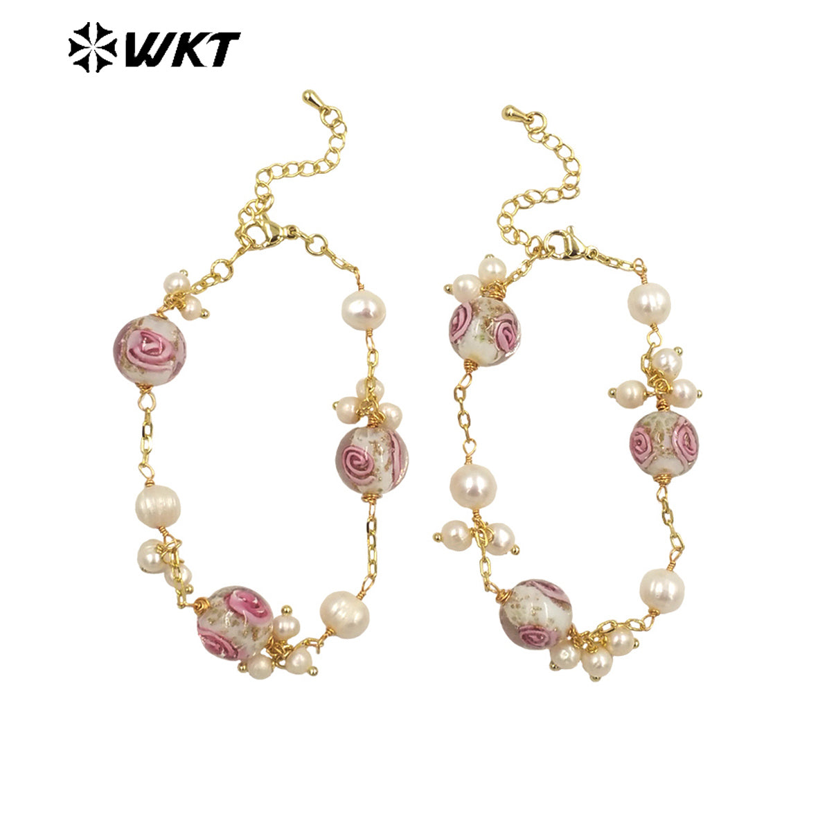 WT-MPB095 Fashionable Colour Glaze & Freshwater Pearl Trendy Rose Bead 18k Real Gold Adjustable Romantic Gift Woman Bracelet