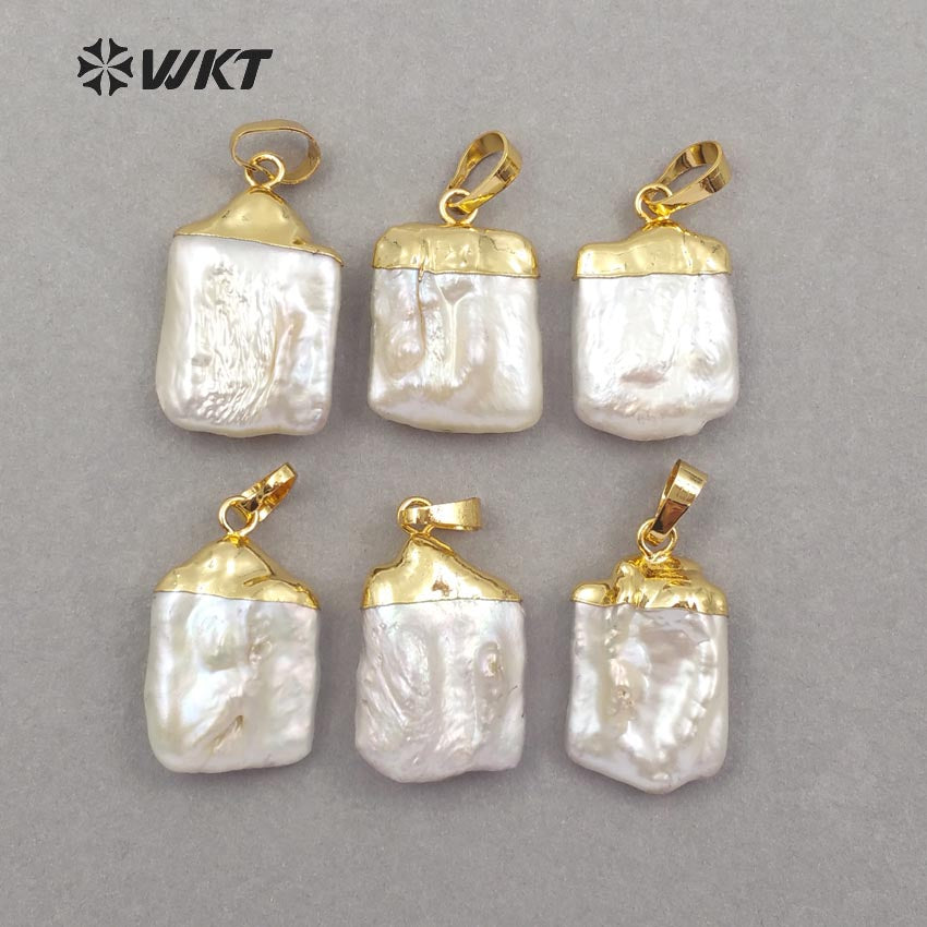 WT-JP071 Unique Design 18K Gold Capped for Women Jewelry Making White Square Shape Pendant Natural Baroque Pearl Pendant