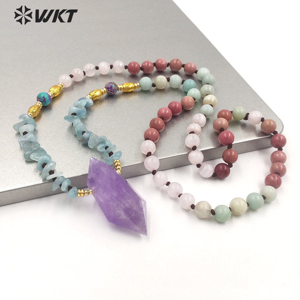 WT-N1377 Fashion Gemstone Bead Chain Quartz Bead With 18k Real Gold Plated Necklace Amethyst Pendant Natural Crystal Necklace