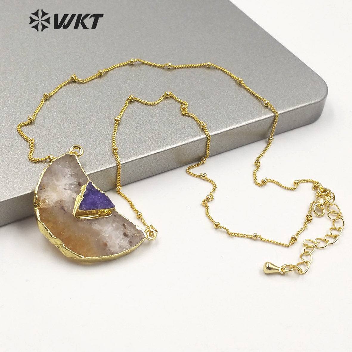 WT-N1208 Wholesale Natural Yellow Citrine Quartz Necklace With Druzy Quartz Charm Fashion Charm Jewelry Yellow Stone Necklace