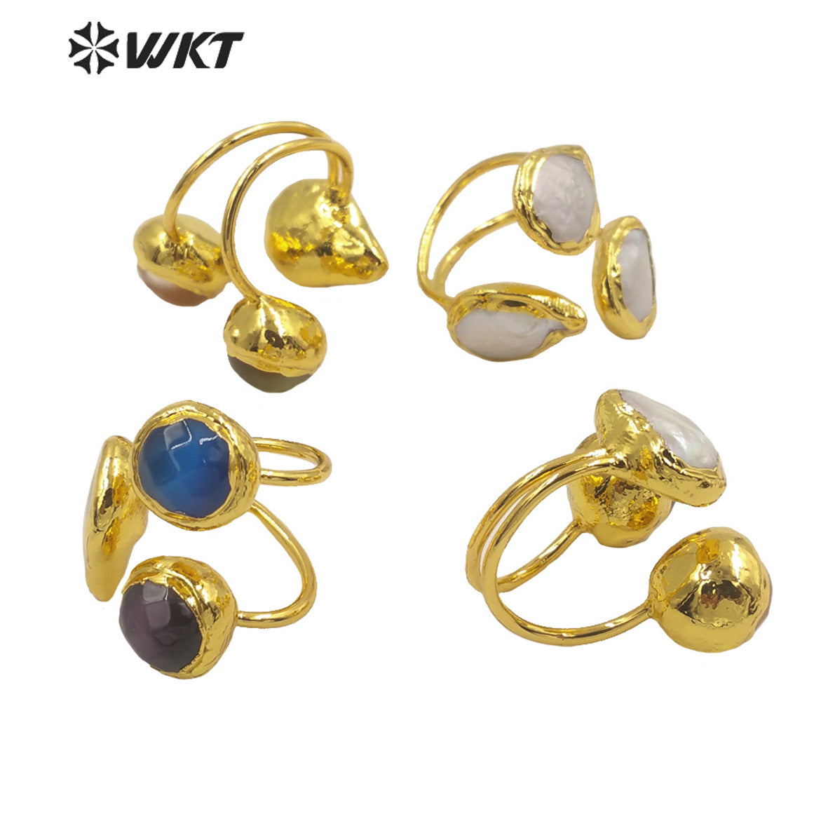 WT-R372 Newest Triple Stone Pearl Women Ring Gold Electroplated Stone Ring Fashion Adjustable Cat Eye Stone Anneversary Ring