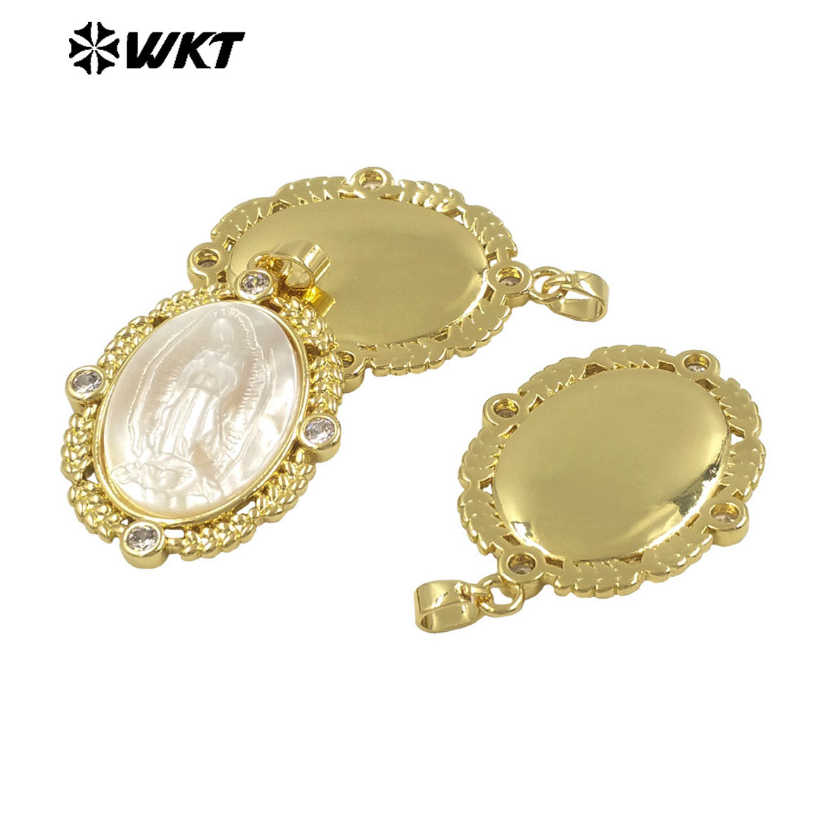 WT-JP369 Amazing WKT Exclusive 18K Gold Plated Bezel Setting Zircon Charm Around Handmade Carved White Shell Virgin Mary Pendant