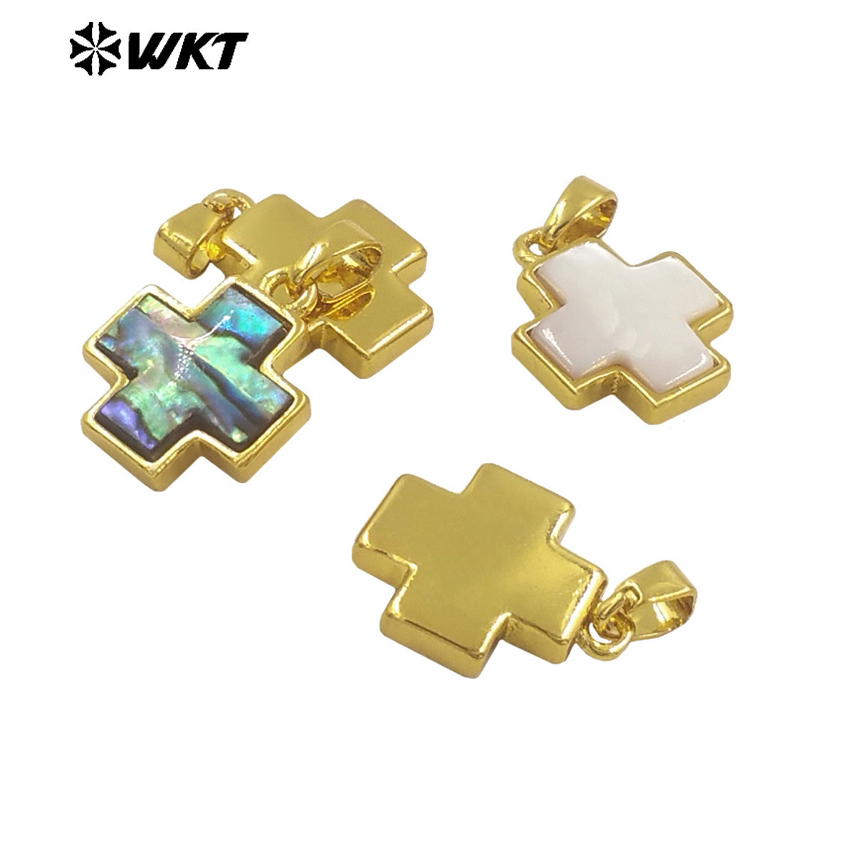 WT-JP380 Wholesale Fashion Gold Plated Bezel Setting Natural Shell Cross Jewelry Pendants Religious Jewelry
