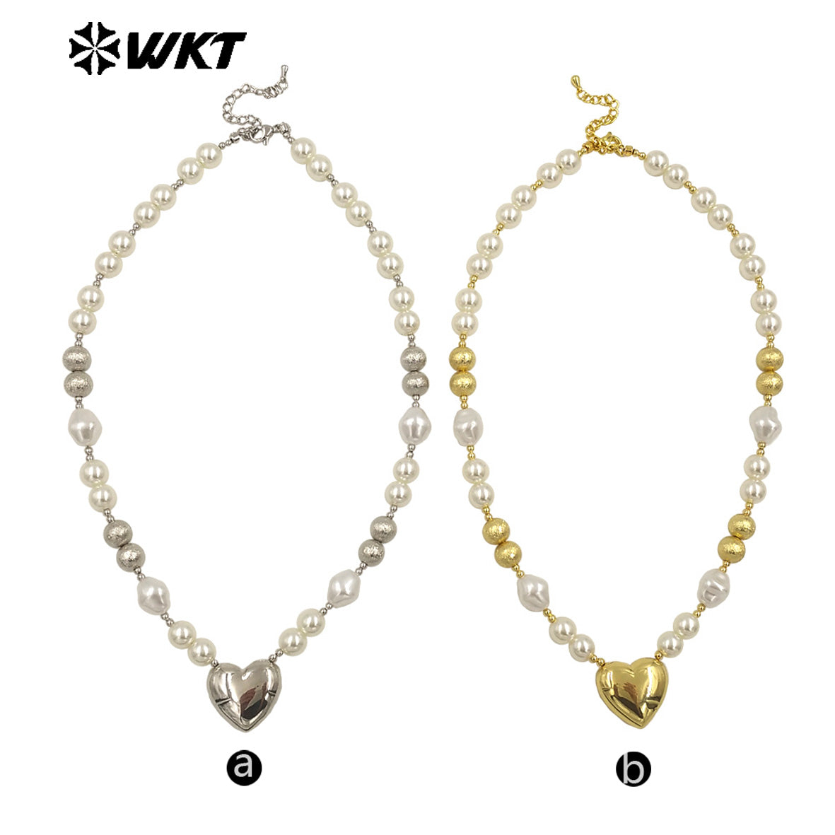 WT-JN286 New Product Lovely Natural Yellow Brass Artificial Pearl Love Shaped Necklace for Sweet Girls As Daily Matching Jewelry