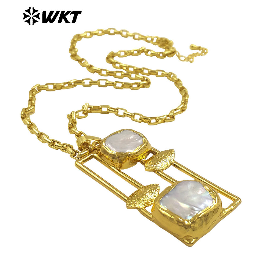 WT-JN334 Wholesale Natural Double Freshwater Pearls Gold Plated Rectangle Big Pendant Necklace For Unique Party Jewelry