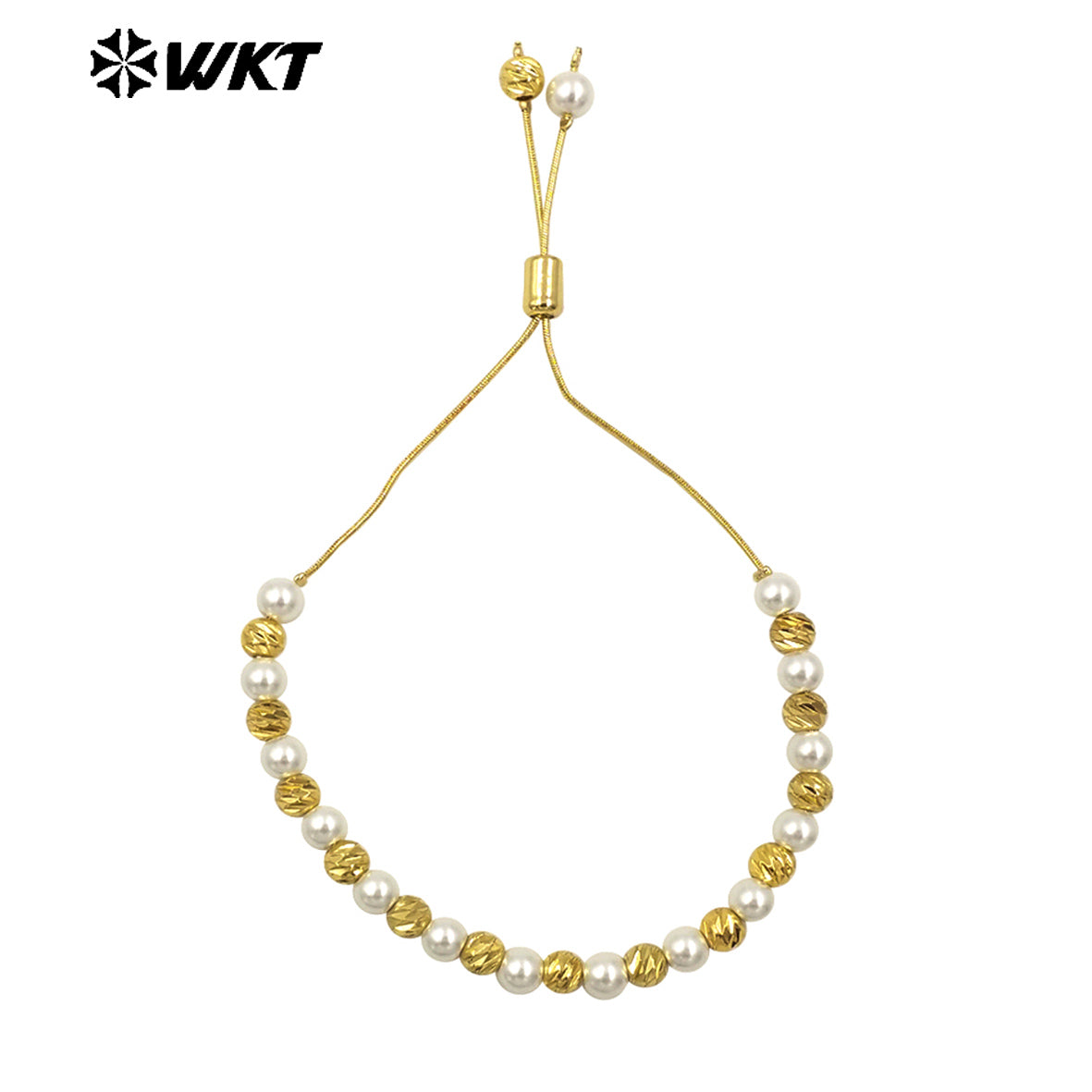 WT-JF352 Wholesale Fashion 18K Gold Plated Pearl and Hammer 6mm Beads Hand Strand Chain Bracelet