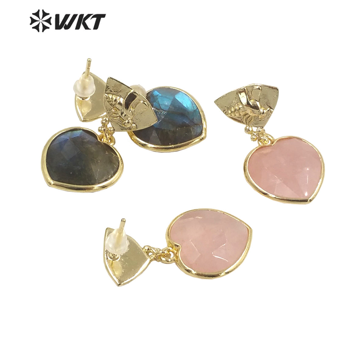 WT-E680 WKT Newest Fashion Small Lovely Heart Earrings Studs Gold Plated Natural Gemstone Women Stone Earrings
