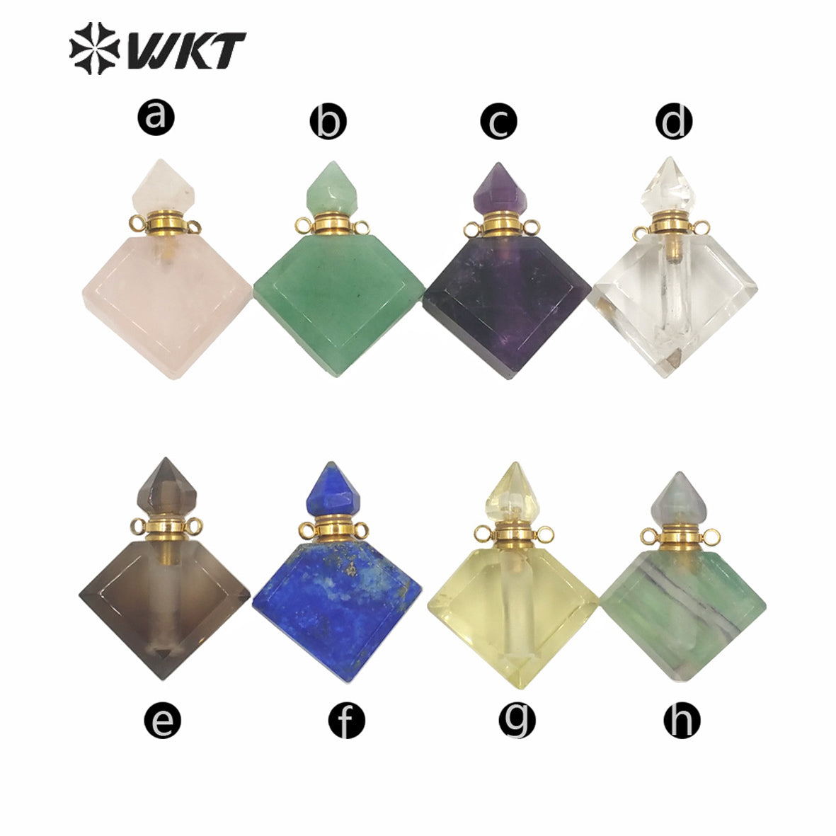 WT-P1575 Wholesale Rhombus Shape Natural Stone Essence Oil Bottle Pendant Gold Stainless Steel Components Stone Perfume Bottle