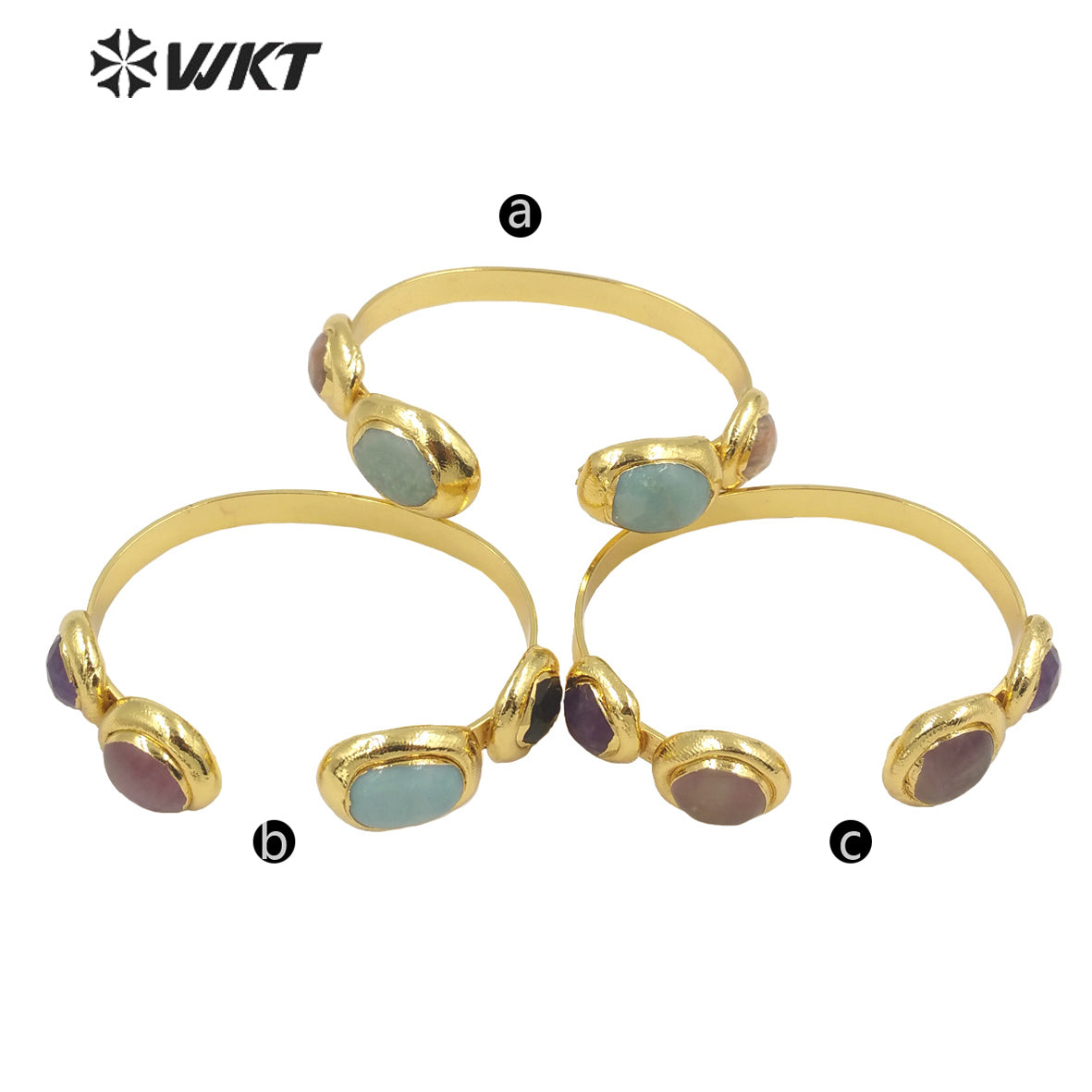 WT-B592 WKT 2022 Fashion Jewelry Sun Stone Amethyst Black Obsidian Adjustable Gold Bangle Natural Triple Stone Bangle