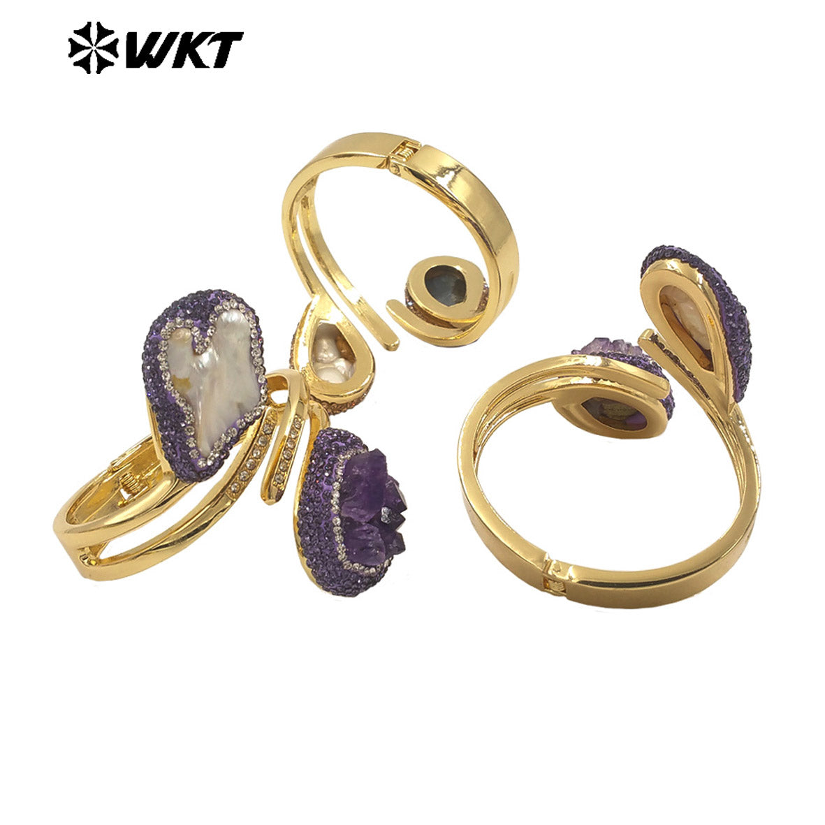 MPB126 Newest Unique Design 18K Gold Plated Natural Amethyst Stone and Pearl Bangle in Adjustable Size for Women Jewelry