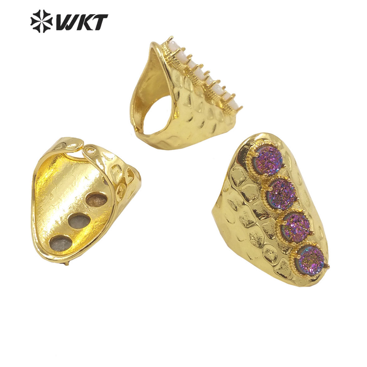WT-R443 Wholesale Fashion Gold Bezel Natural Druzy Agate Ring Wide Band Women Party Stone Ring for Birthday Girl Friend