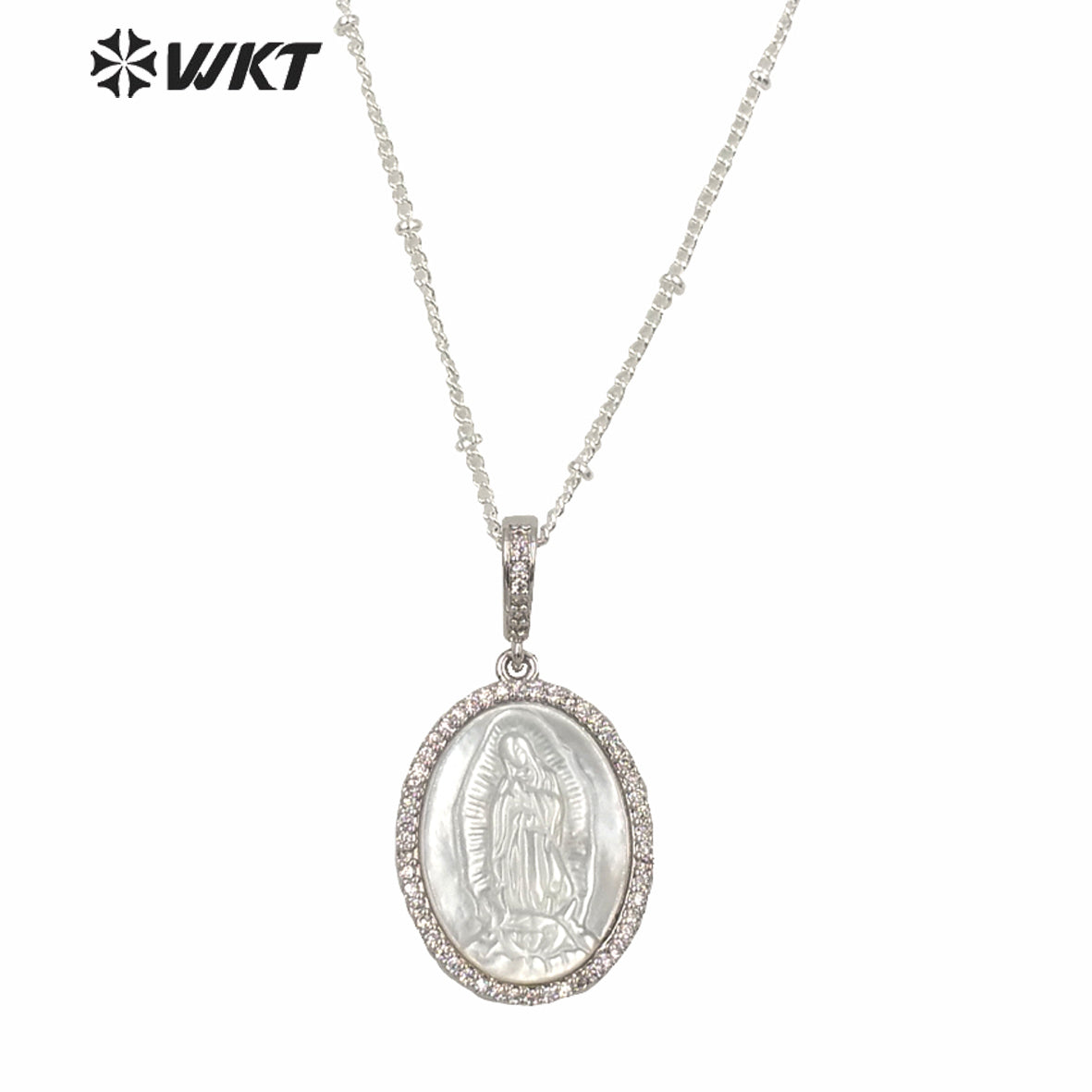 WT-MN968 Wholesale Natural MOP Shell Carved Micro Pave Setting Virgin Mary Necklace Women Platinum Plated Shell Mary Necklace