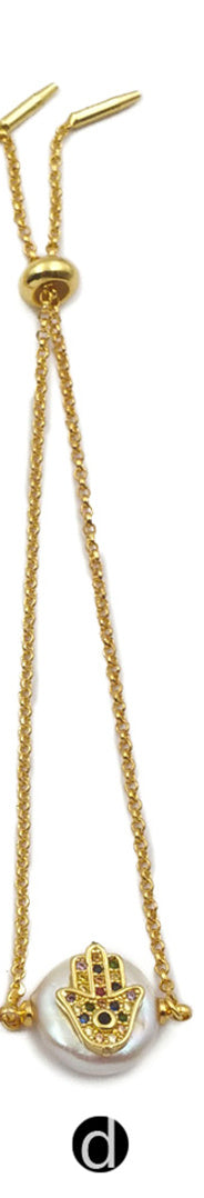 WT-MB111 Wholesale Pearl Gold Bracelet Pearl With CZ Stone Pave Eye Pattern and Hand Pattern Fashion Charm Bracelet