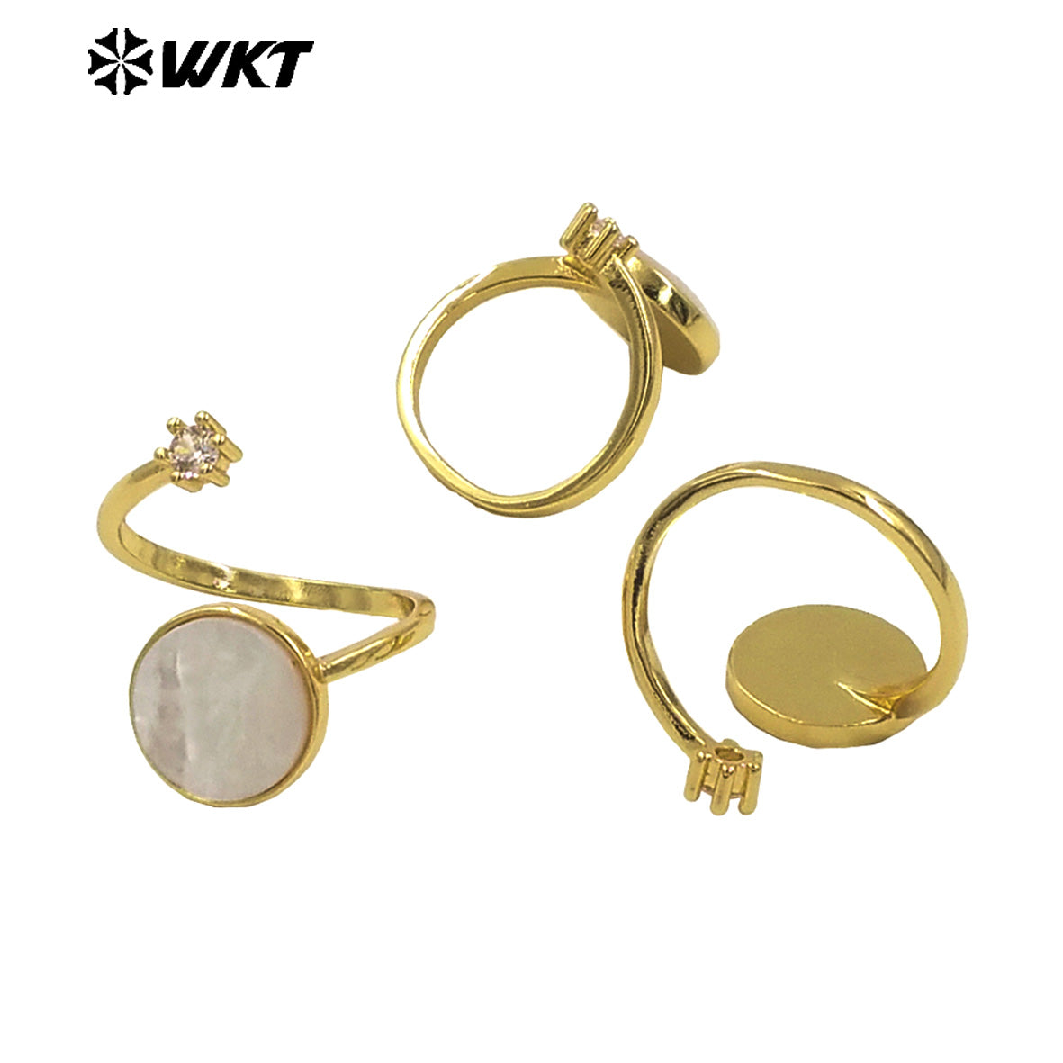 WT-MPR097 Wholesale Fashion Gold Plated Round Natural Shell Double Stone Jewelry Ring in 18K Brass Resist Tarnishable
