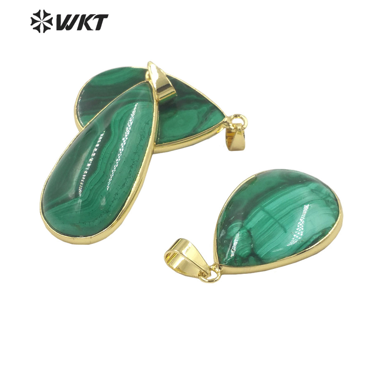 WT-P1861 WKT Newest Precious Natural Green Stone Pendant Randomly Size Teardrop Pendant 18k Gold Plated Bezel Malachite Pendant