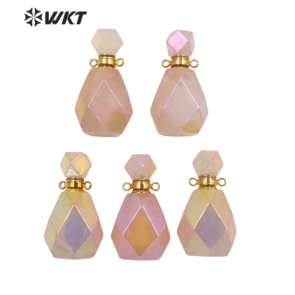 WT-P1649 Newest Color Natural Aura Rose Quartz Faceted Essencial Oil Bottle Fashion Lady Raw Stone Quartz Perfume Bottle Pendant