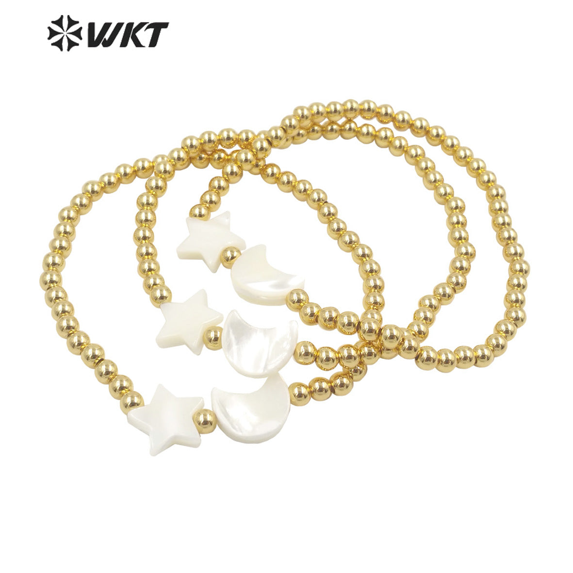 WT-MPB059 Leisure Style Gold 4mm Round Beads Moon Star Bracelet Fashion Lady Charming Shell Handmade Brass Flexible Bracelets