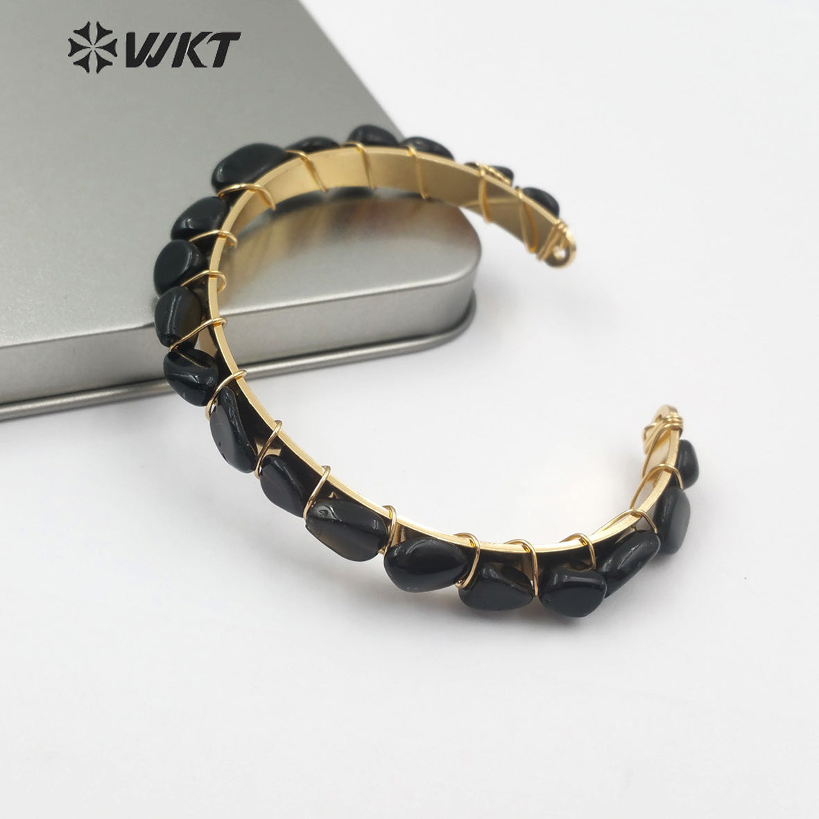 WT-B451 Jewelry Gift for Her Raw Tiny Stone Gold Bangle Adjustable Jewelry Black Gray Green Color Natural Gemstones Bangle