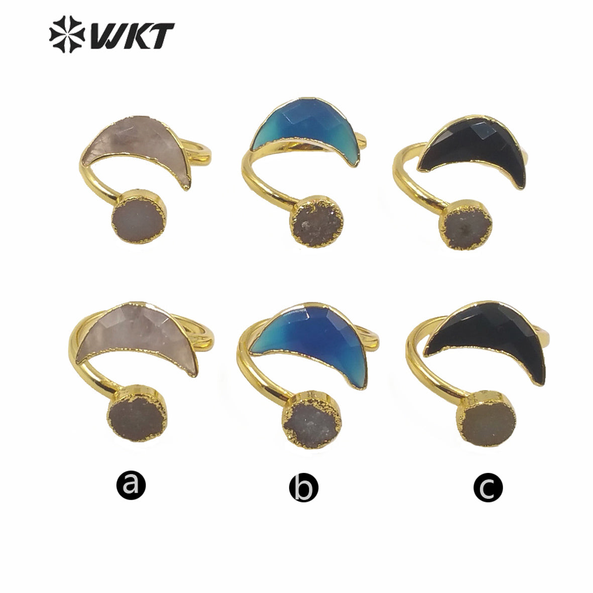 WT-R357 Wholesale Women Double Stone Cock Tail Ring Natural Gold Electroplated Druzy Agate Stone Ring Crescent Horn Stone Rings
