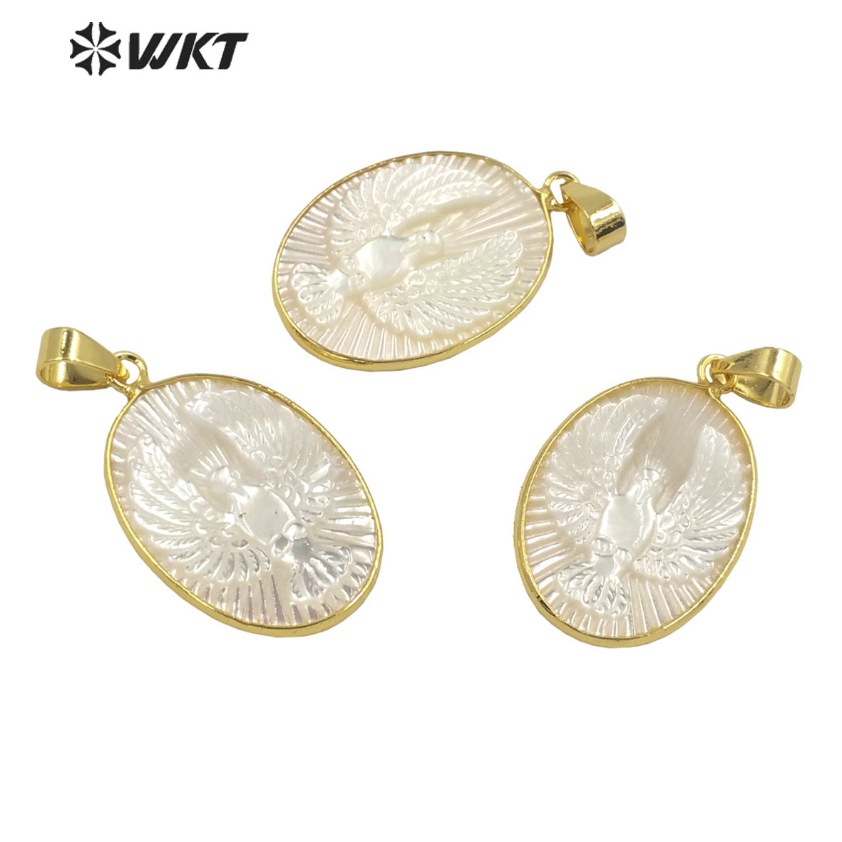 WT-JN180 WKT New Style Fashion Gold Bezel Mother of Pearl Carved White Eagle Pendant Necklace Women Holy Animal Pendants