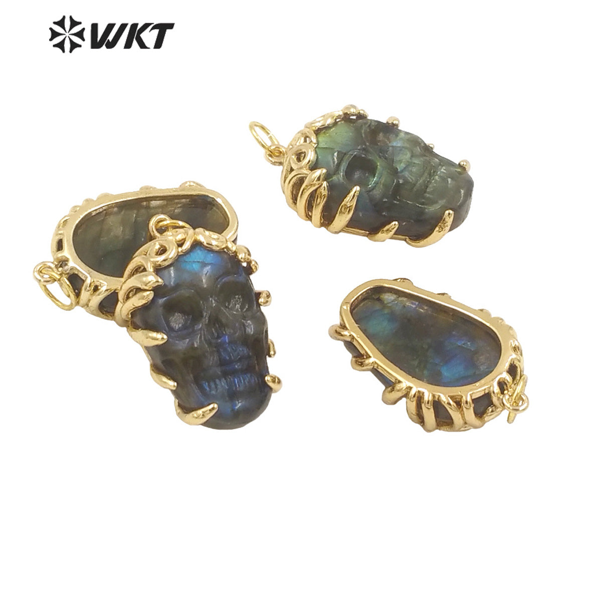 WT-P1957 Wholesale Fashion Gold Bezel Claw Setting Natural Hand Carving Holloween Gift Labradorite Skull Pendants