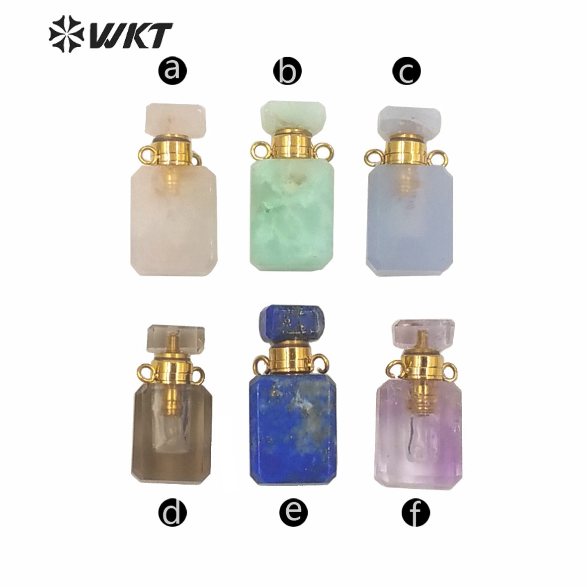 WT-P1573 WKT New Design Small Natural Stone Perfume Bottle Pendant Double Loops Gold Faceted Stone Carved Cube Perfume Bottle