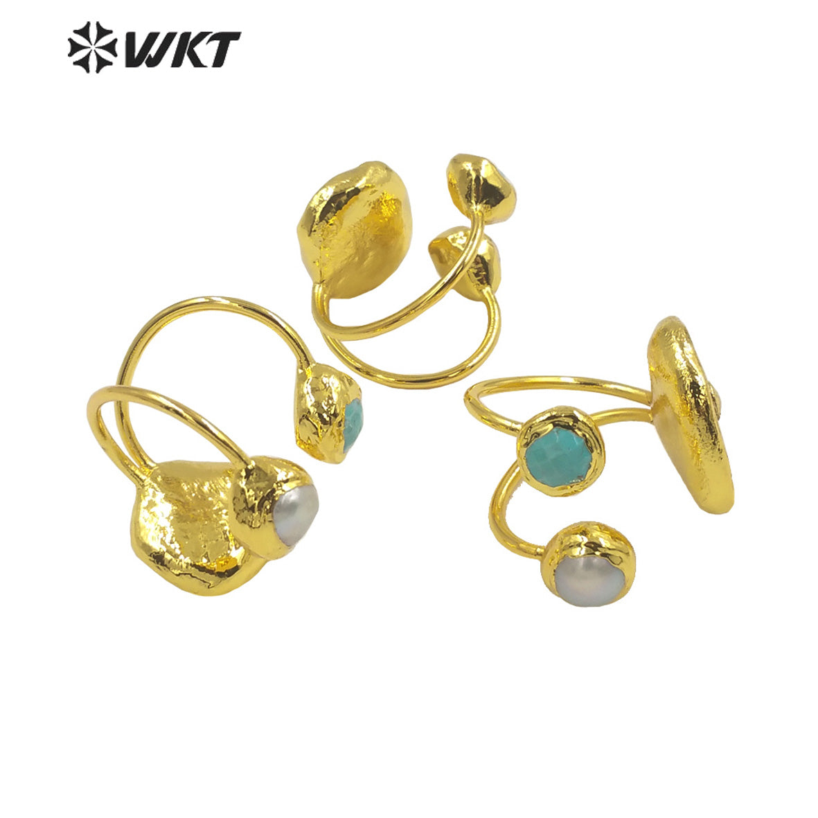 WT-R474 New Design Natural Turquoise & Pearl& Kyanite 18K Gold Plated Peacock Stone Ring Boho Charming Ring