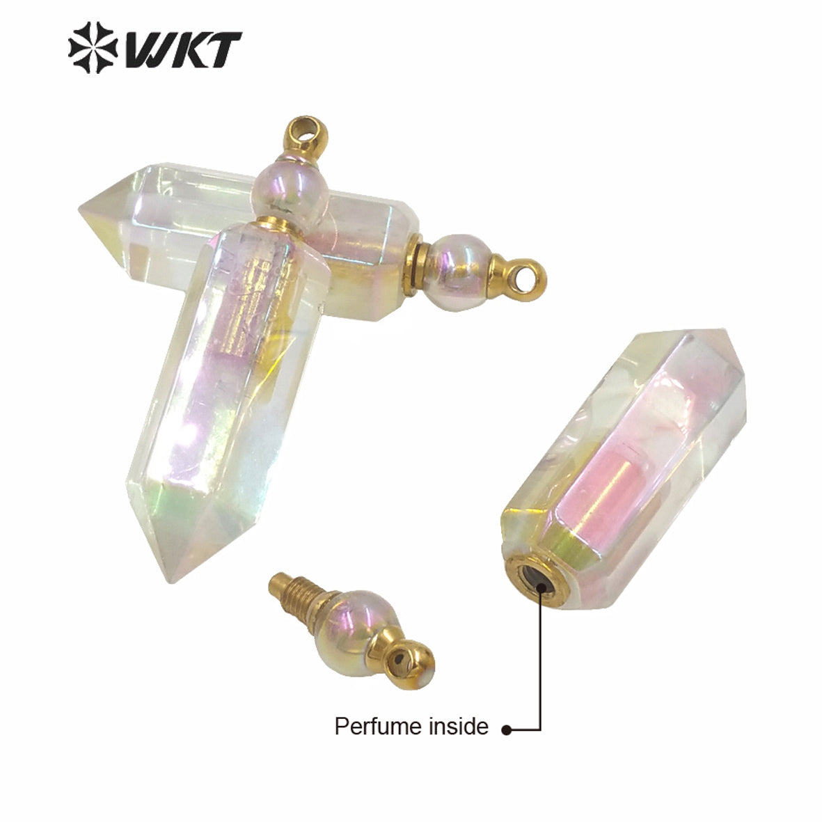 WT-P1614 Amazing Women Hot Sales Gold Angel Aura Spirit Quartz Perfume Bottle Pendant Hexagonal Shape Aura Stone Bottle Pendant