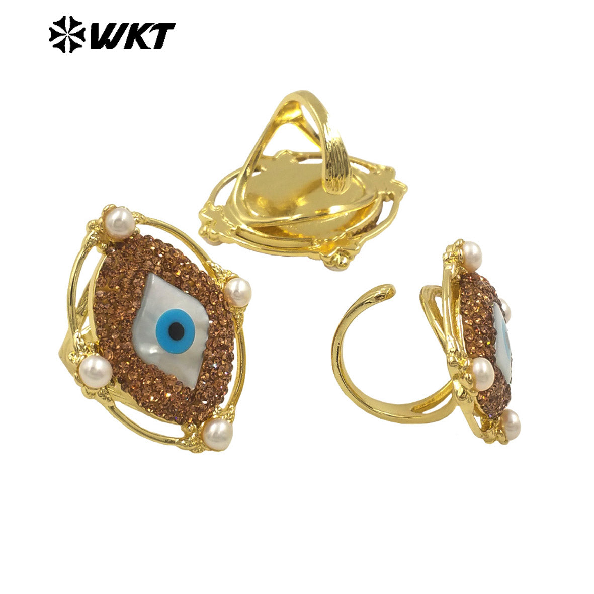 WT-MPR116 New Design Vintage Eye 18K Gold Plated Round Pearl Rhinestone Ring Niche Cultural Jewelry for Both Men and Women