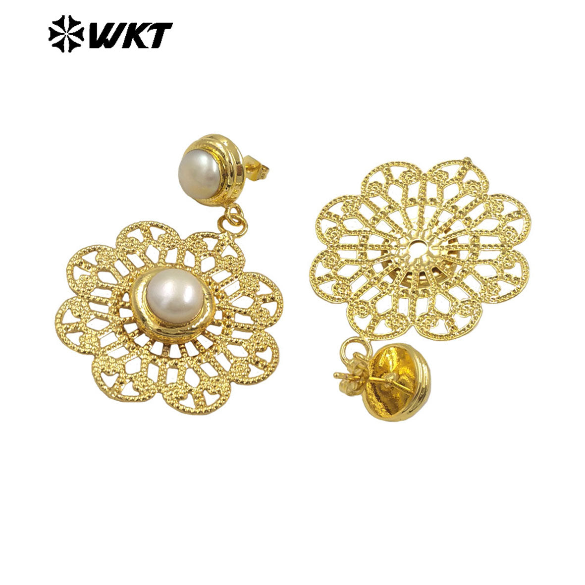WT-E595 Wholesale Fashion Gold Plated Hollow Out Pearl Earring Women Charming Round Dangle Natural Pearl Earring