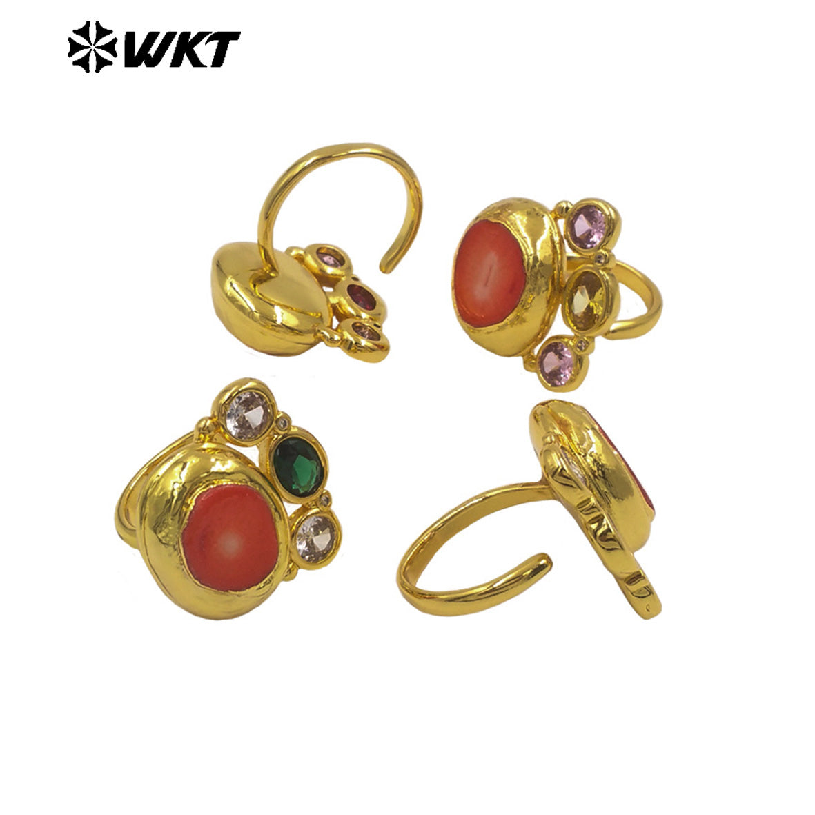 WT-MR041 18K Gold Plated Resist Tarnishable Cute Women Ring With Natural Red Coral And Colorful Cubic Zircon Adjustable