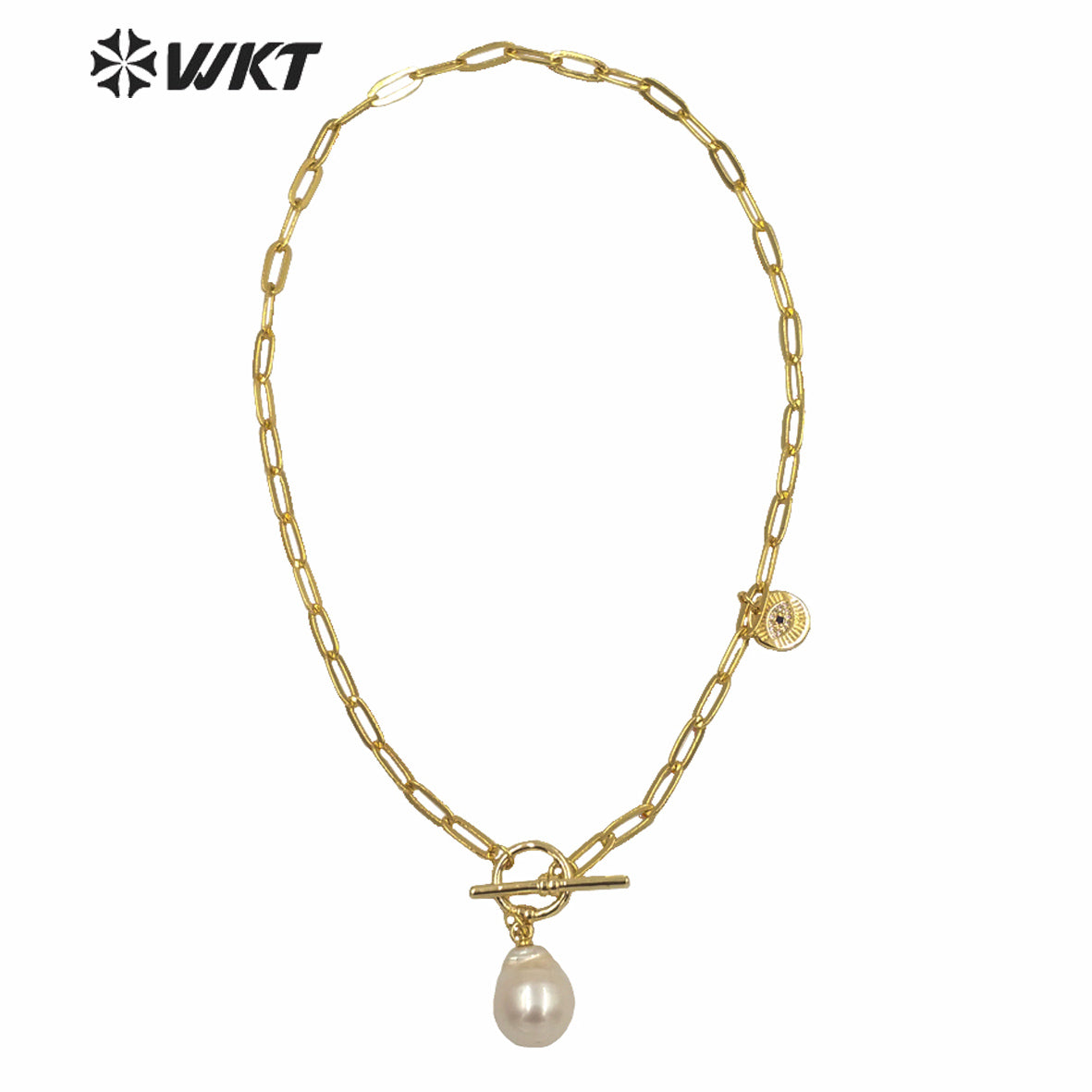 WT-JN129 WKT Wholesale Natural Freshwater Baroque Pearl Pendant Necklace Women Fashion Gold Brass Chain Casual Pearl Necklace