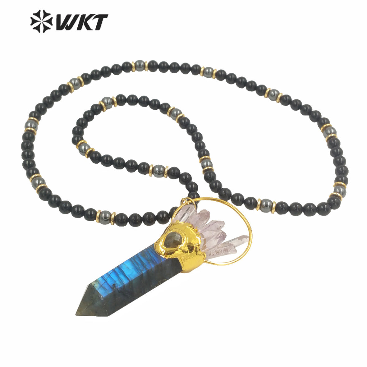 WT-N1244 Women Fashon Big Hexagonal Cube Spirit Point Beads Necklace Natural Labradorite Black Stone Statement Stone Necklace