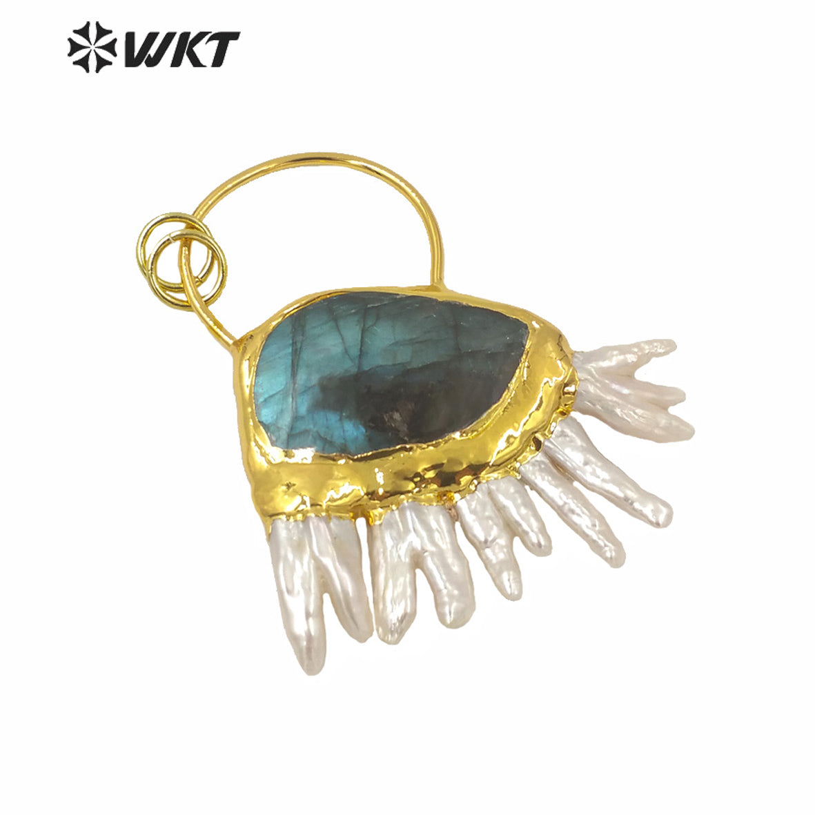 WT-P1588 Wholesale Amazing Natural Freshwater Pearl and Labradorite Stone Pendant Gorgeous Statement Women Gold Stone Pendant