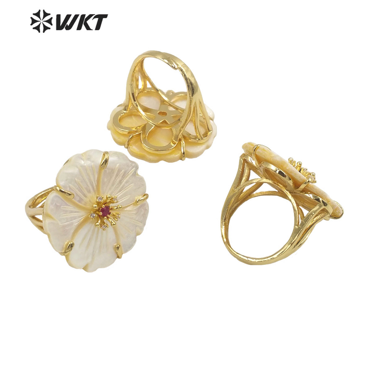WT-MPR069 Gorgeous Trendy Fashion Natural White Shell and Zircon Flower Shaped Ring for Women Lucky Unique Design Ring