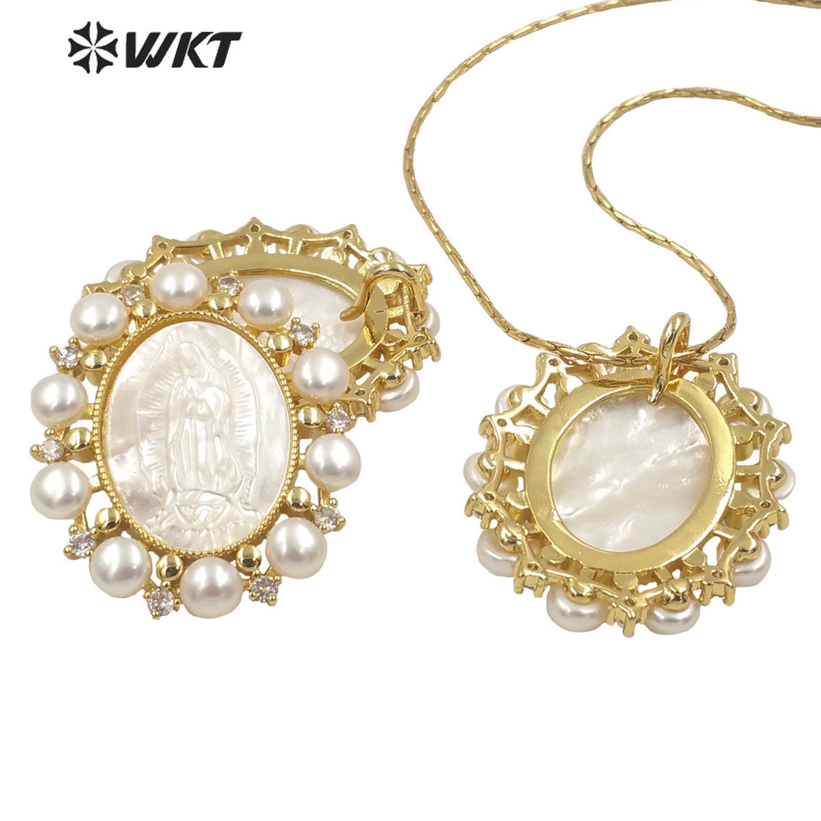 WT-JP275 Women Gorgeous Mother of Pearl Cubic Zircon Religious Pendant UK Design Tiny Pearl Charm Virgin Mary Necklace Pendant
