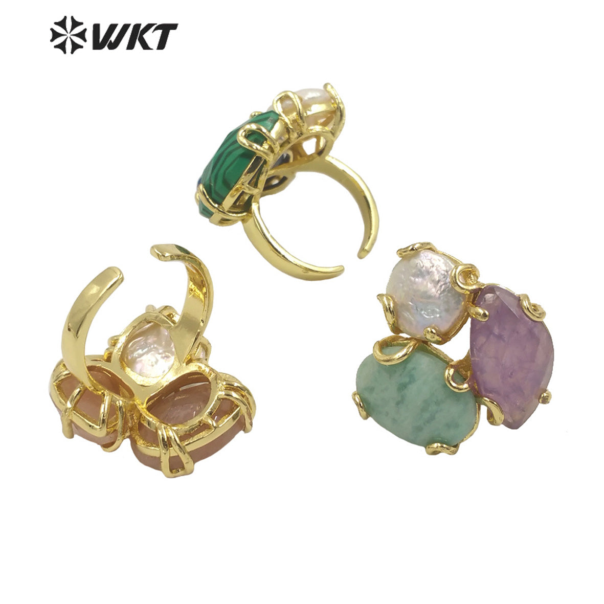 WT-R418 Women 18k Real Gold Plated Resist Tarnishable Triple Stone Prong Setting Natural Stone and Pearl Mix Party Ring