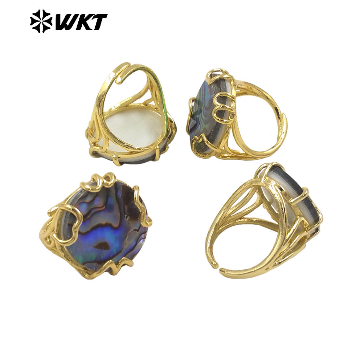 WT-MPR124 Women 18K Gold Plated Clawing Setting With Natural Round and Oval Abalone Shell Ring in Adjustable Size