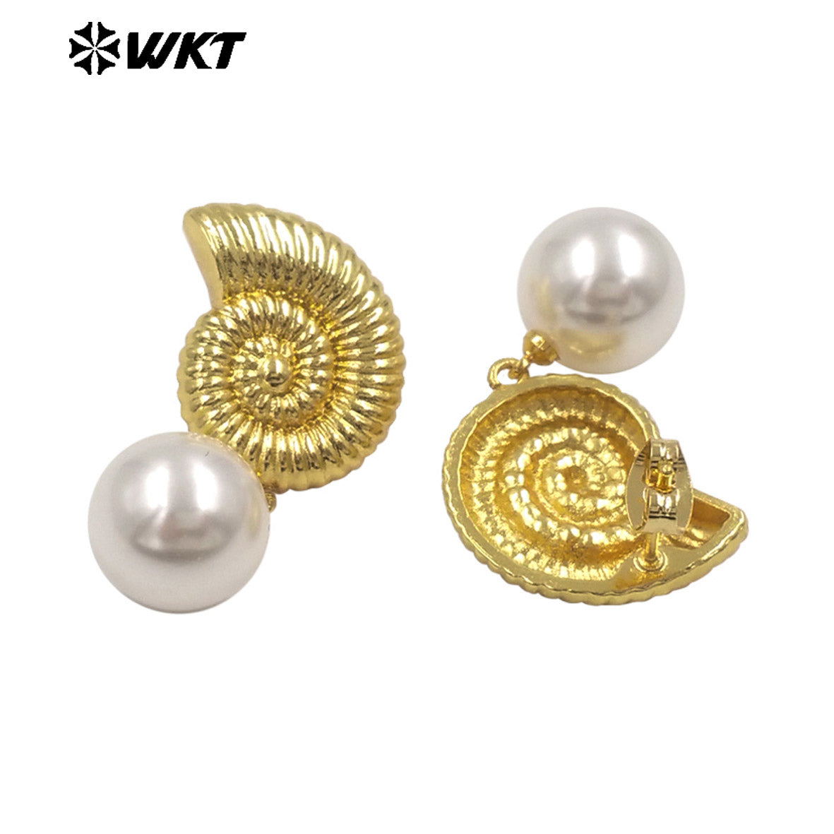 WT-ME132 Fashion Gold And Silver Plated Shell Shape Double Designs Brass With Artificial Pearl Earrings For Women Daily Wearing