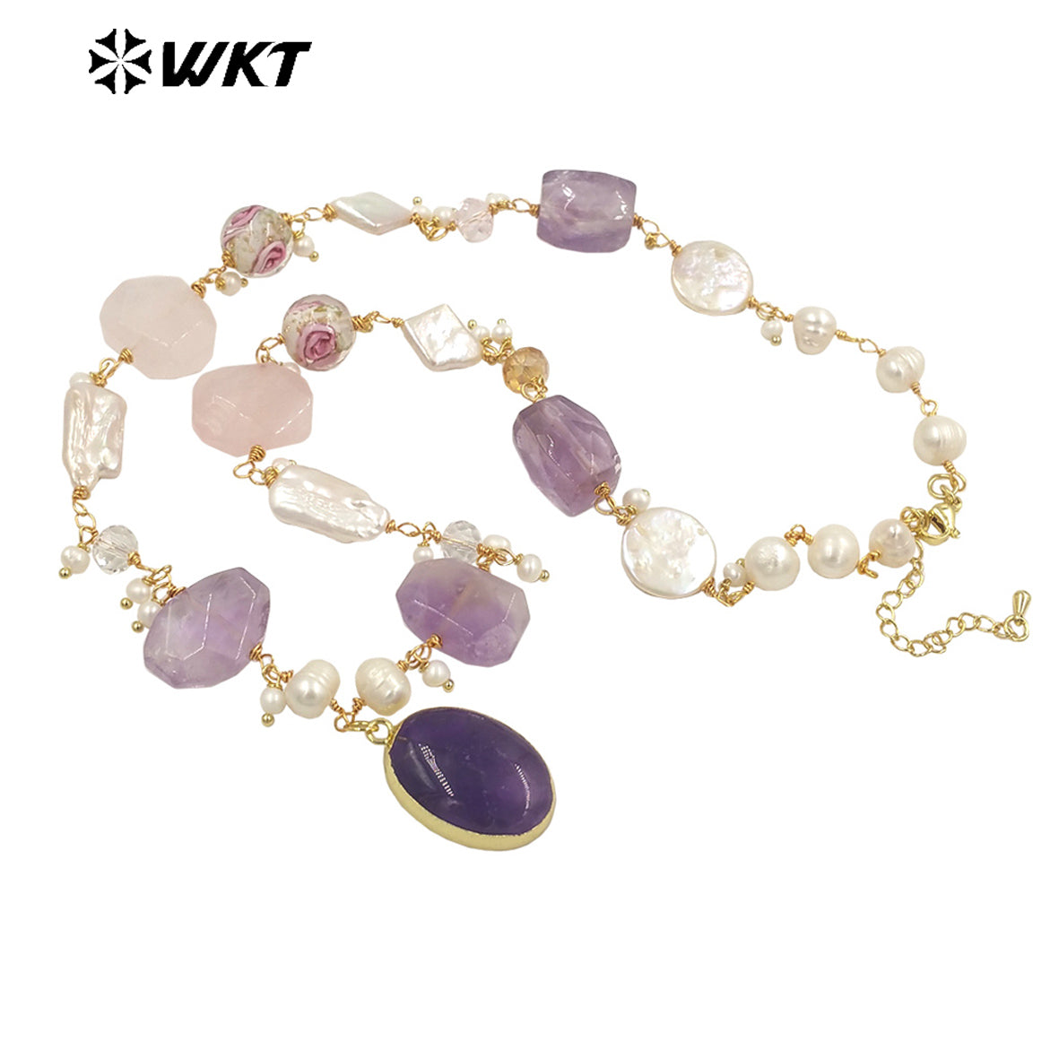 WT-JN240 Wholesale Newest Stone and Pearl Design 18k Chain Gold Plated Exquisite High Quality Scallop Necklace
