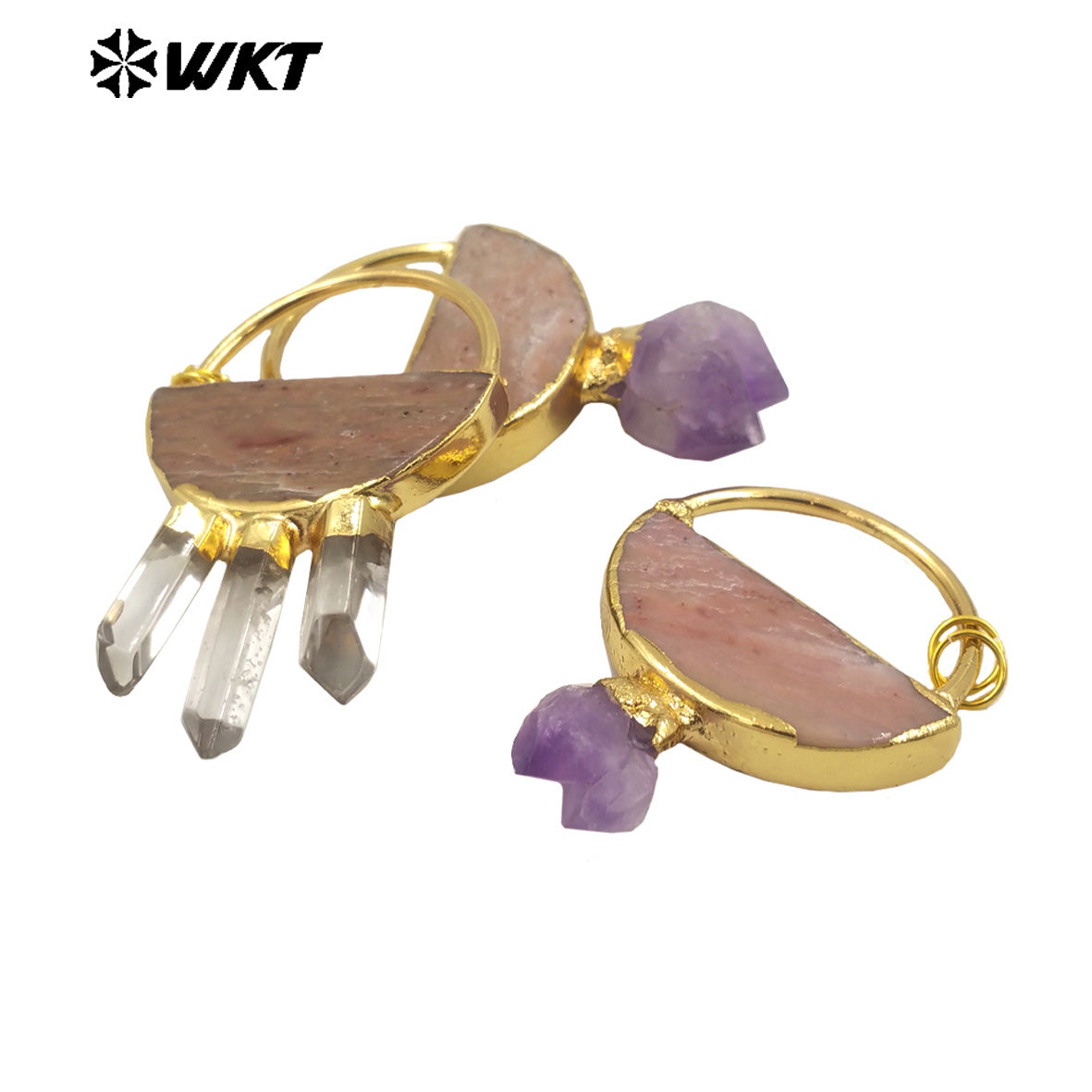 WT-P1969 WKT Unique Design Natural Stone Carved Half Circle Slice Rhodonite With Amethyst Quartz Pendant