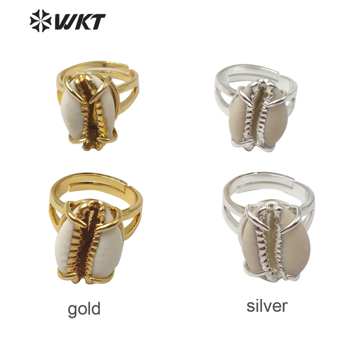 WT-R349 Newest Adjustable Size Gold Prong Setting Cowrie Ring Fashion Charm Jewelry Natural Cowrie Rings