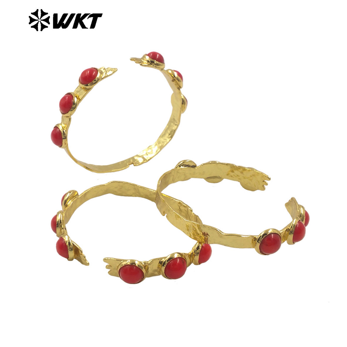 MPB111 WKT Stunning 18K Real Gold Plated Six Pieces Stone Bezel Setting Delicate Round Red Coral Bangle