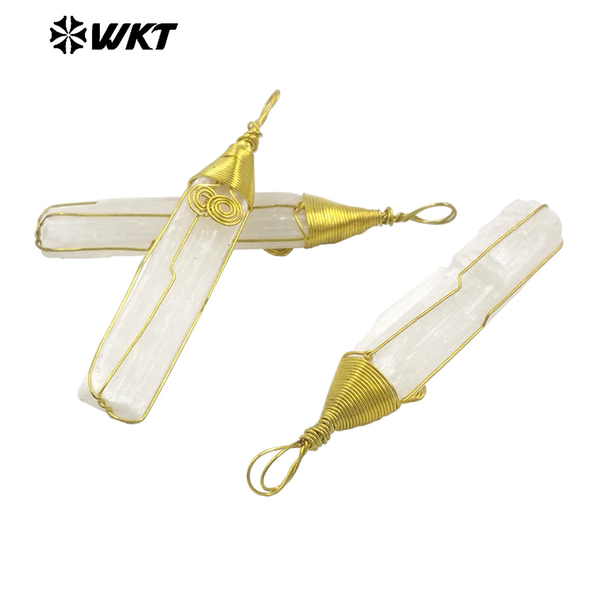 WT-P1986 Newest Fashion Gold Wire Wrapped Handmade Natural Raw White Selenite Pendants for Necklace Making